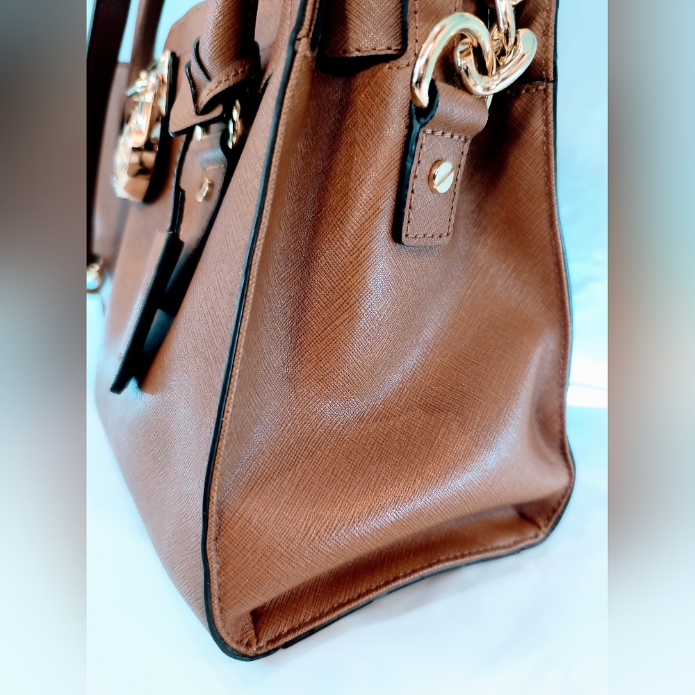 MICHAEL KORS Cognac Hamilton Saffiano Leather Satchel with Gold-Tone Chain Strap - Picture 2 of 16